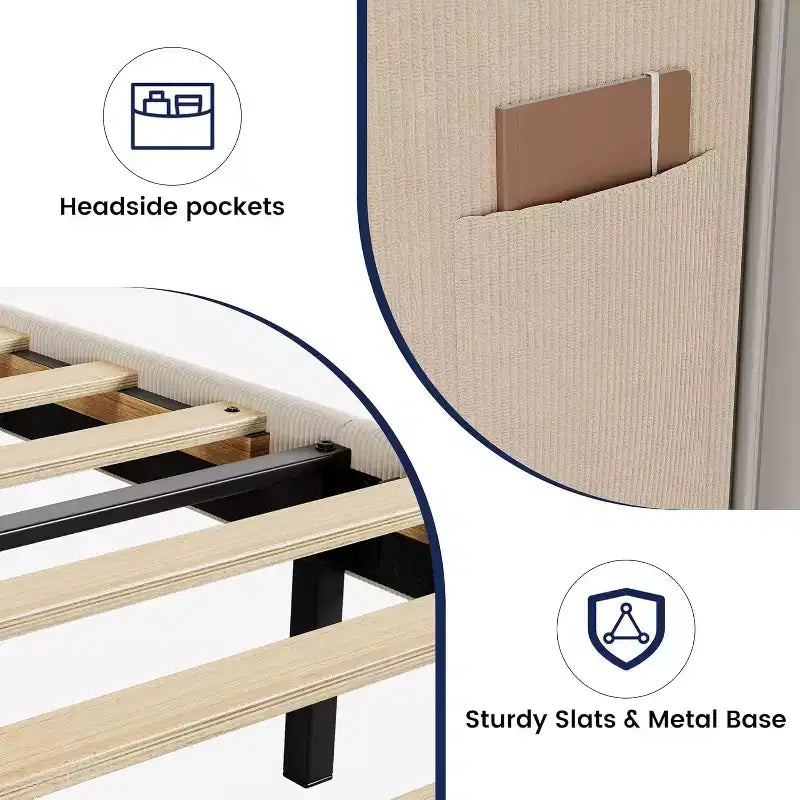 King Bed Frame with Wingback Headboard, Velvet Upholstery Platform Bed, No Box Spring Needed, Wood Slats Support, Noise Free, Easy Assembly