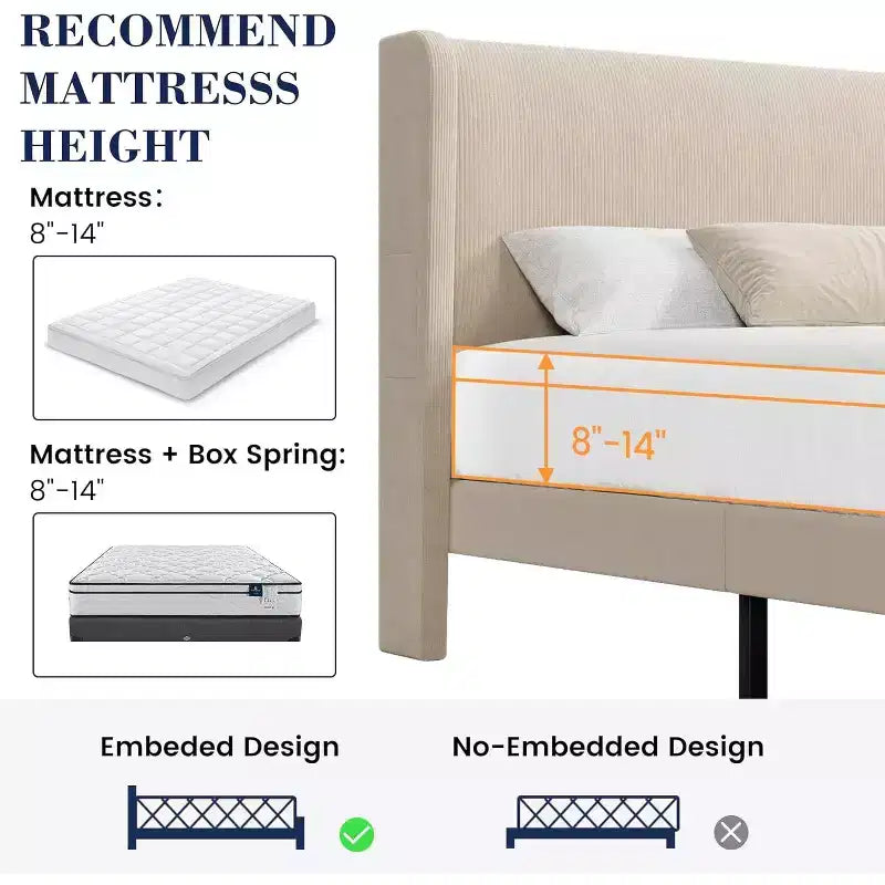 King Bed Frame with Wingback Headboard, Velvet Upholstery Platform Bed, No Box Spring Needed, Wood Slats Support, Noise Free, Easy Assembly