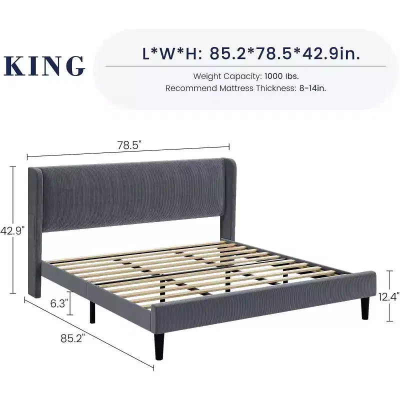 King Bed Frame with Wingback Headboard, Velvet Upholstery Platform Bed, No Box Spring Needed, Wood Slats Support, Noise Free, Easy Assembly
