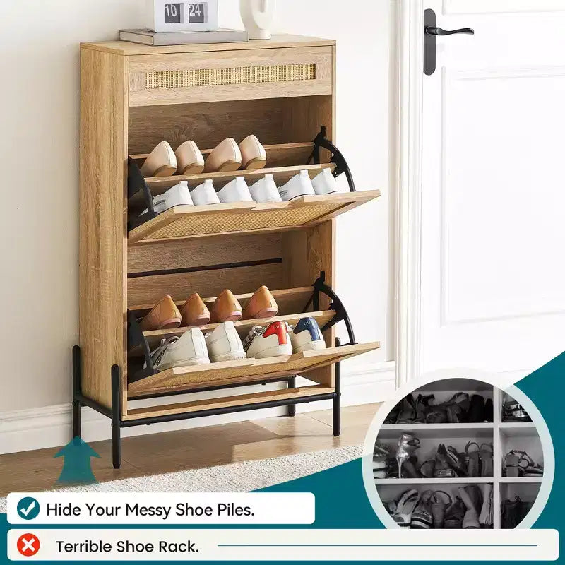 Meuble de rangement pour chaussures avec 2 portes abattantes et tiroirs, organisateur de chaussures en rotin naturel avec pieds en métal et étagère réglable, sur pied pour entrée