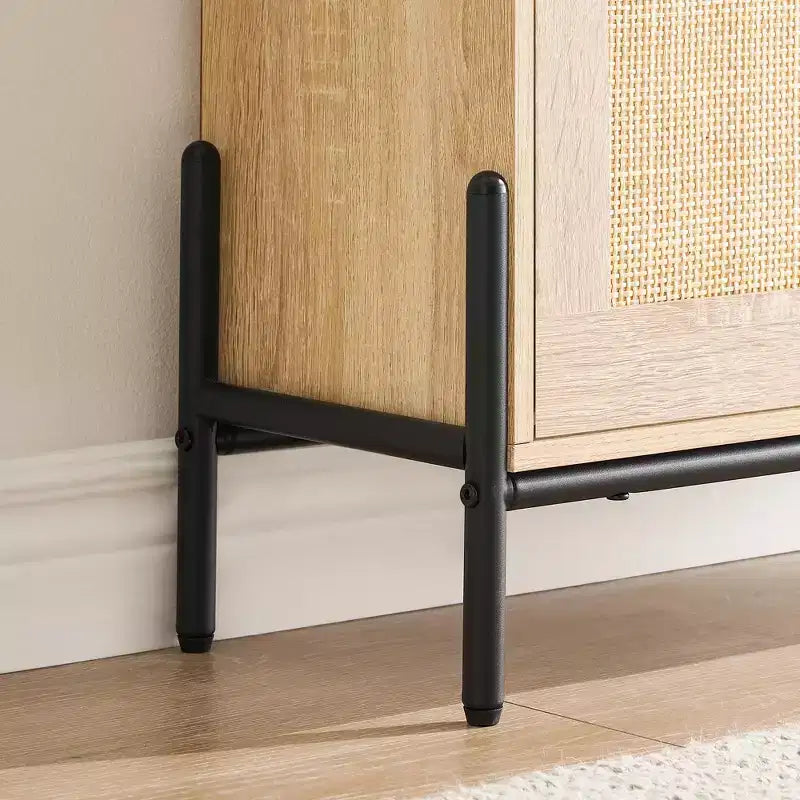 Meuble de rangement pour chaussures avec 2 portes abattantes et tiroirs, organisateur de chaussures en rotin naturel avec pieds en métal et étagère réglable, sur pied pour entrée
