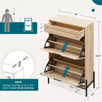 Meuble de rangement pour chaussures avec 2 portes abattantes et tiroirs, organisateur de chaussures en rotin naturel avec pieds en métal et étagère réglable, sur pied pour entrée