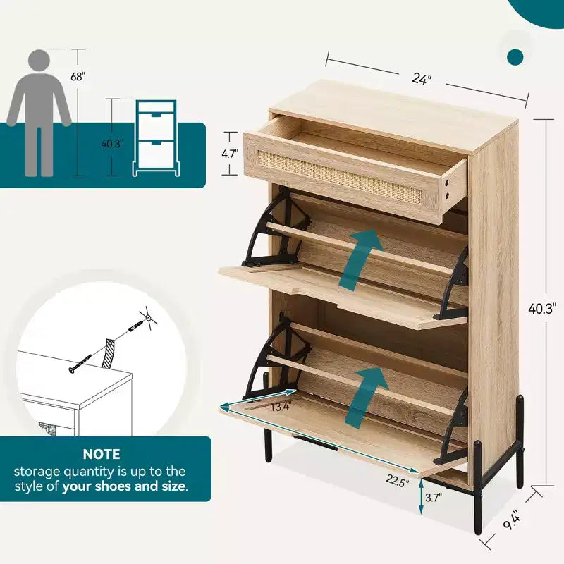 Meuble de rangement pour chaussures avec 2 portes abattantes et tiroirs, organisateur de chaussures en rotin naturel avec pieds en métal et étagère réglable, sur pied pour entrée