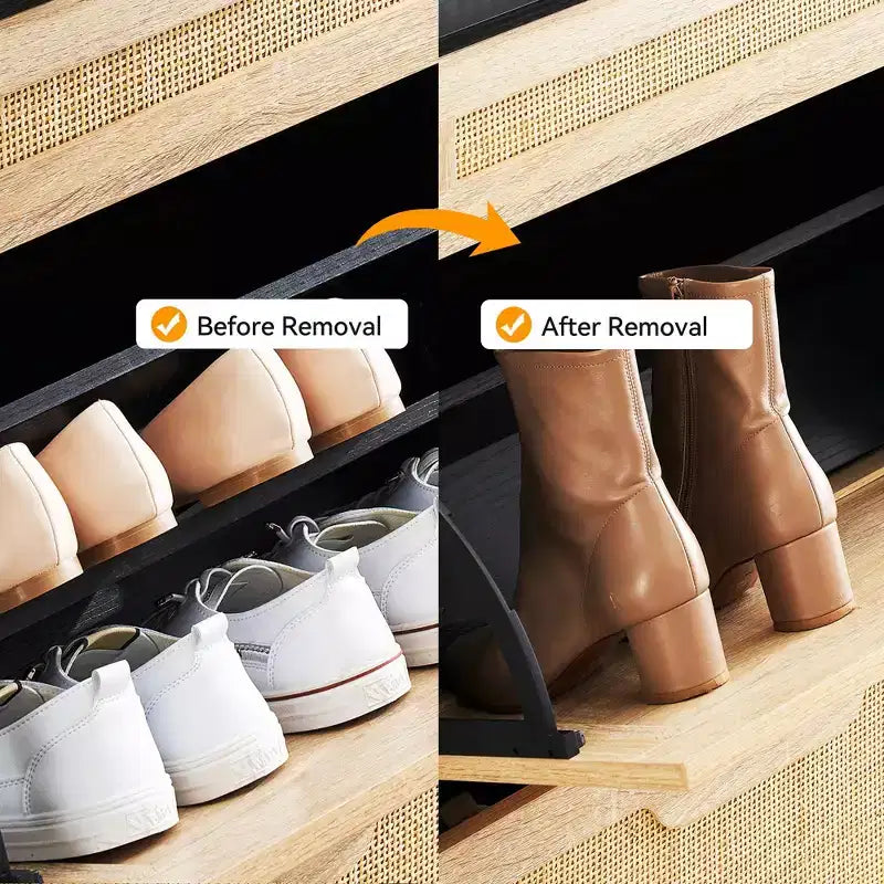 Meuble de rangement pour chaussures avec 2 portes abattantes et tiroirs, organisateur de chaussures en rotin naturel avec pieds en métal et étagère réglable, sur pied pour entrée