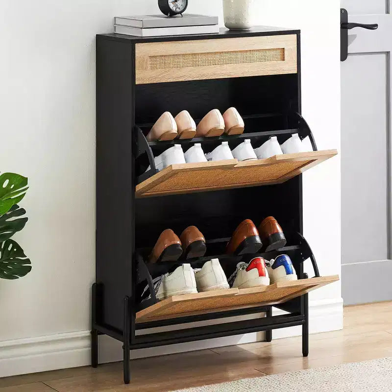 Meuble de rangement pour chaussures avec 2 portes abattantes et tiroirs, organisateur de chaussures en rotin naturel avec pieds en métal et étagère réglable, sur pied pour entrée