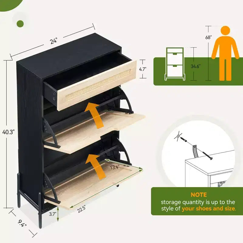 Meuble de rangement pour chaussures avec 2 portes abattantes et tiroirs, organisateur de chaussures en rotin naturel avec pieds en métal et étagère réglable, sur pied pour entrée