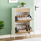 Meuble de rangement pour chaussures avec 2 portes abattantes et tiroirs, organisateur de chaussures en rotin naturel avec pieds en métal et étagère réglable, sur pied pour entrée