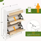 Meuble de rangement pour chaussures avec 2 portes abattantes et tiroirs, organisateur de chaussures en rotin naturel avec pieds en métal et étagère réglable, sur pied pour entrée