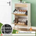 Meuble de rangement pour chaussures avec 2 portes abattantes et tiroirs, organisateur de chaussures en rotin naturel avec pieds en métal et étagère réglable, sur pied pour entrée