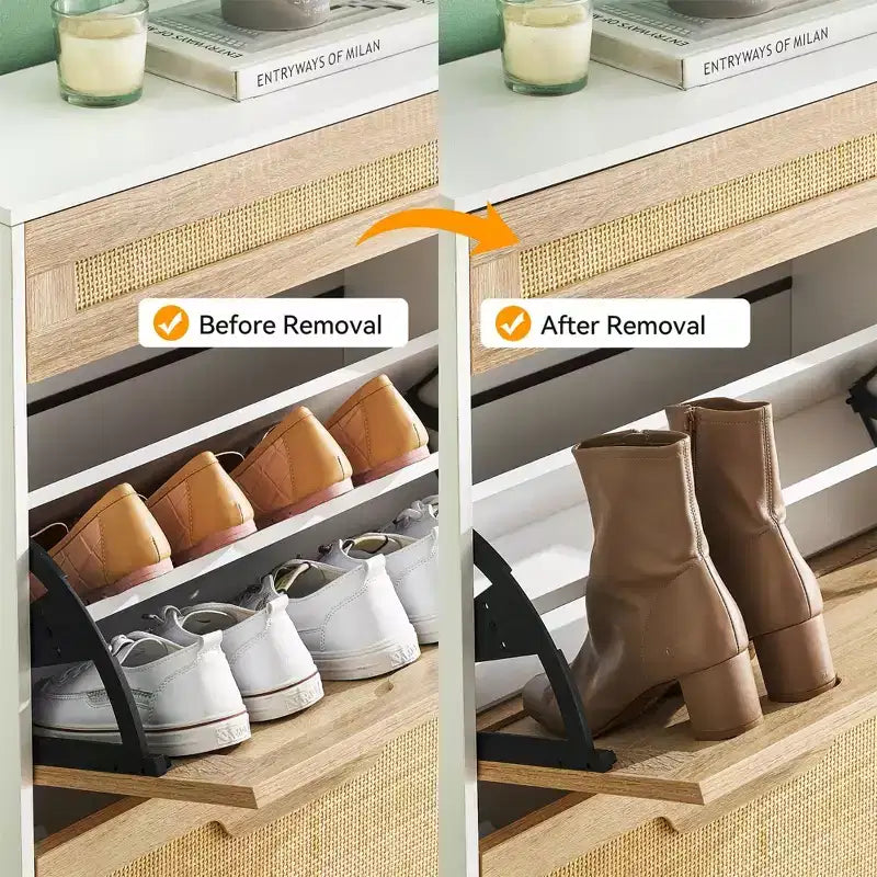 Meuble de rangement pour chaussures avec 2 portes abattantes et tiroirs, organisateur de chaussures en rotin naturel avec pieds en métal et étagère réglable, sur pied pour entrée