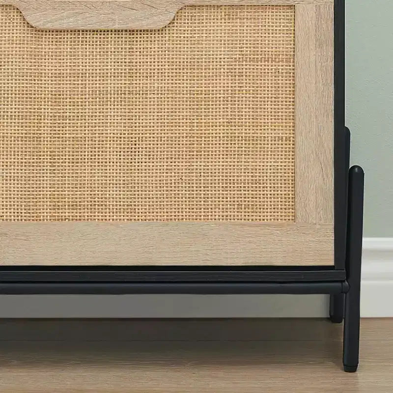 Meuble de rangement pour chaussures avec 2 portes abattantes et tiroirs, organisateur de chaussures en rotin naturel avec pieds en métal et étagère réglable, sur pied pour entrée