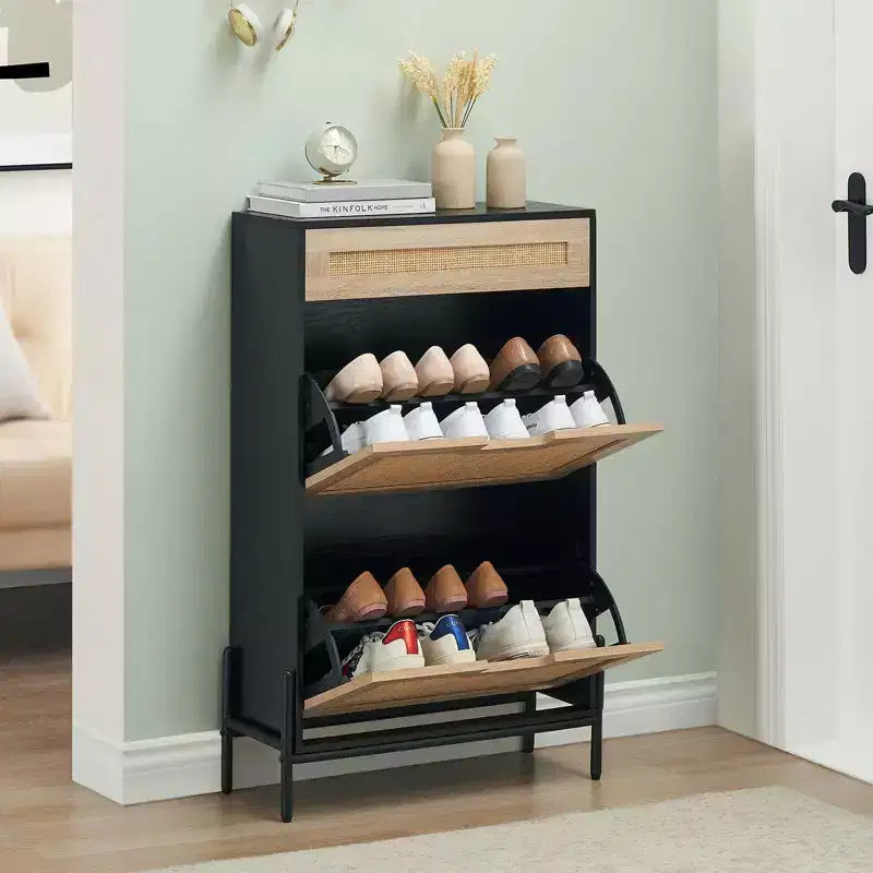 Shoe Storage Cabinet with 2 Flip Doors and Drawers, Natural Rattan Shoe Organizer with Metal Legs and Adjustable Shelf, Freestanding for Entryway