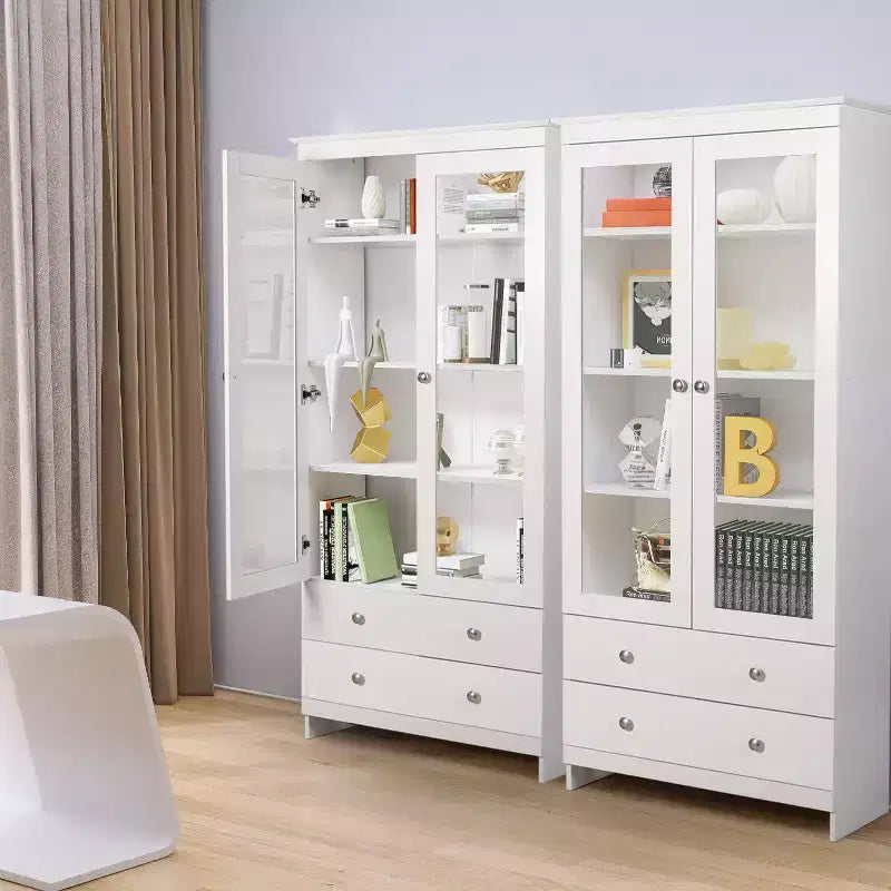 TYBOATLE White Bookshelf and Bookcas, Modern Display Cabinet with Glass, Large Bookshelves with Storage Cabinet for Home Office, Commercial