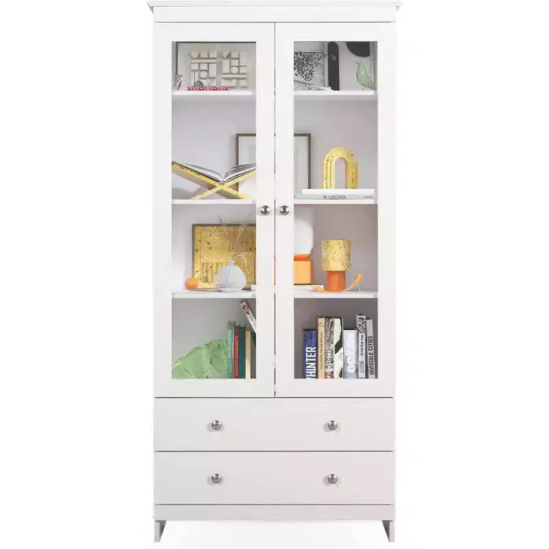 TYBOATLE White Bookshelf and Bookcas, Modern Display Cabinet with Glass, Large Bookshelves with Storage Cabinet for Home Office, Commercial