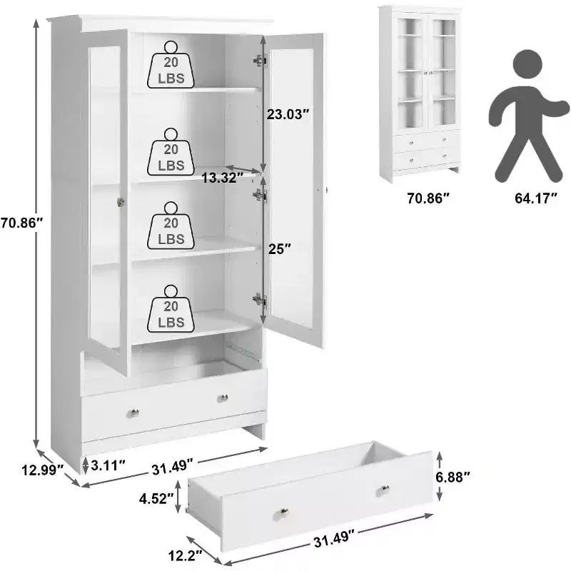 TYBOATLE White Bookshelf and Bookcas, Modern Display Cabinet with Glass, Large Bookshelves with Storage Cabinet for Home Office, Commercial
