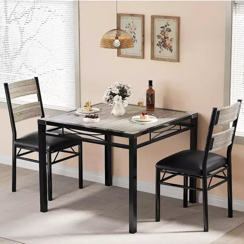 Farmhouse Style Dining Table Set with Wood Table Top and Upholstered Chairs for Small Space, Kitchen, Apartment, Dining Room and Living Room