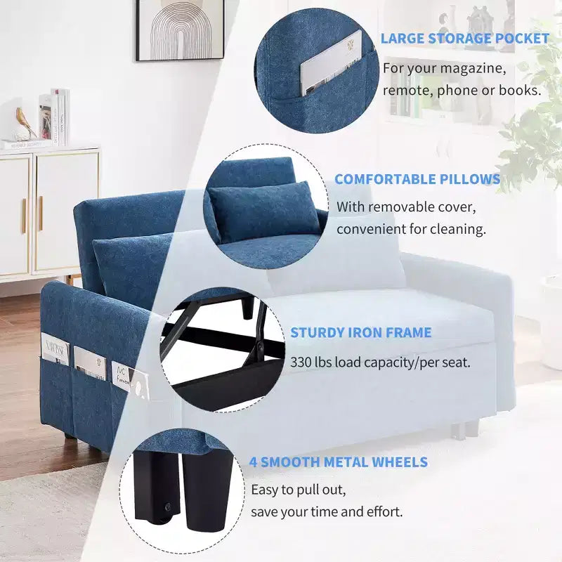 CLIHOME Canapé convertible 55,1 po avec dossier réglable, poches de rangement, 2 oreillers moelleux