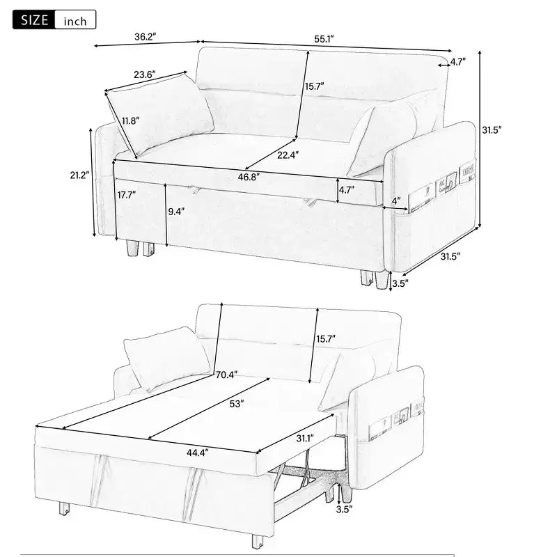 CLIHOME Canapé convertible 55,1 po avec dossier réglable, poches de rangement, 2 oreillers moelleux