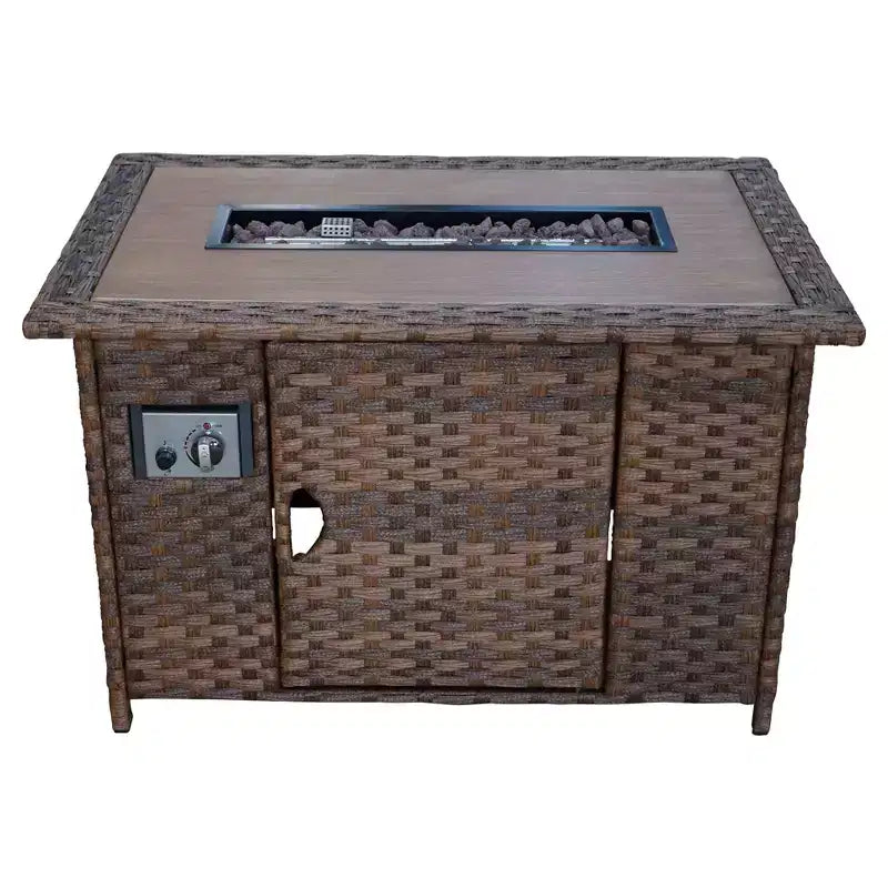 Courtyard Casual Costa Mesa 5 pc Loveseat Set - Brown One Sofa, Two Club Chairs, One End Table, & One Fire Pit frame with solution dyed Poly fabric