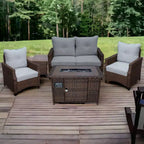Courtyard Casual Costa Mesa 5 pc Loveseat Set - Brown One Sofa, Two Club Chairs, One End Table, & One Fire Pit frame with solution dyed Poly fabric