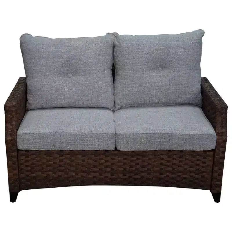 Courtyard Casual Costa Mesa 5 pc Loveseat Set - Brown One Sofa, Two Club Chairs, One End Table, & One Fire Pit frame with solution dyed Poly fabric
