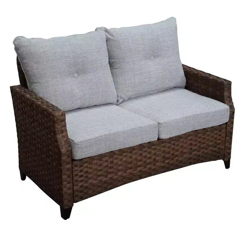 Courtyard Casual Costa Mesa 5 pc Loveseat Set - Brown One Sofa, Two Club Chairs, One End Table, & One Fire Pit frame with solution dyed Poly fabric