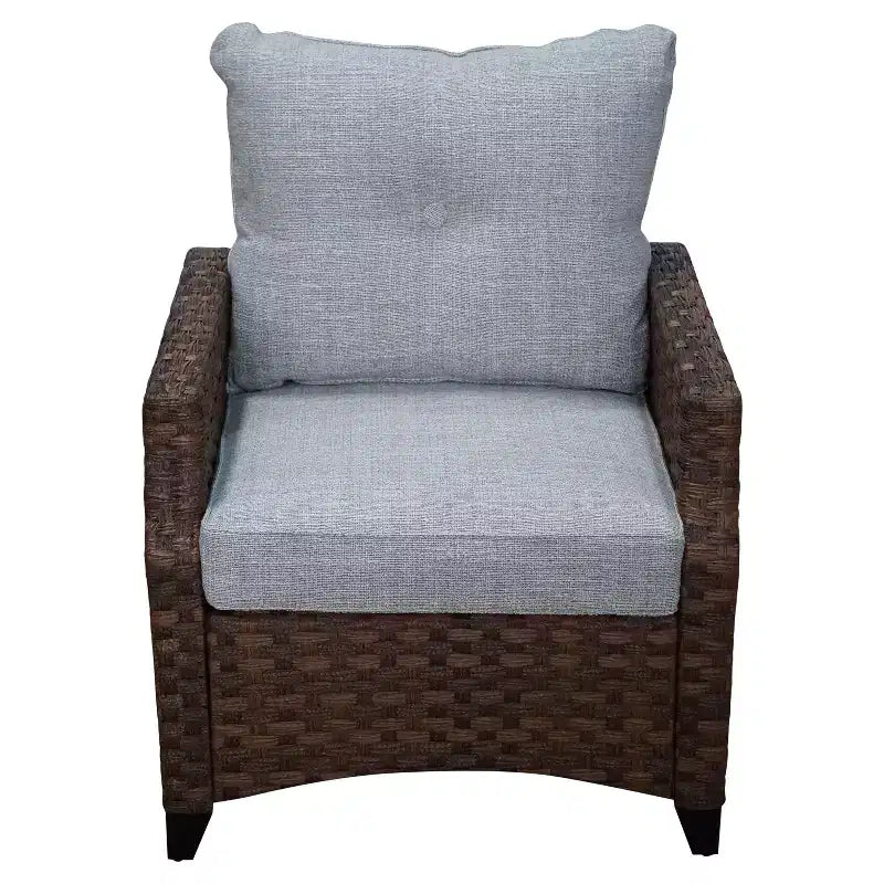Courtyard Casual Costa Mesa 5 pc Loveseat Set - Brown One Sofa, Two Club Chairs, One End Table, & One Fire Pit frame with solution dyed Poly fabric