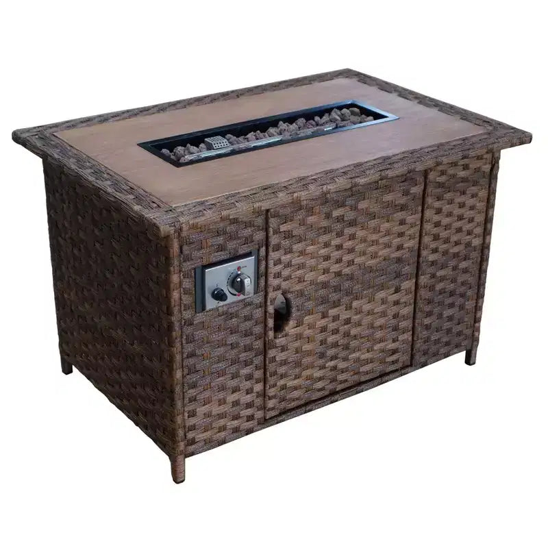 Courtyard Casual Costa Mesa 5 pc Loveseat Set - Brown One Sofa, Two Club Chairs, One End Table, & One Fire Pit frame with solution dyed Poly fabric