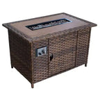 Courtyard Casual Costa Mesa 5 pc Loveseat Set - Brown One Sofa, Two Club Chairs, One End Table, & One Fire Pit frame with solution dyed Poly fabric
