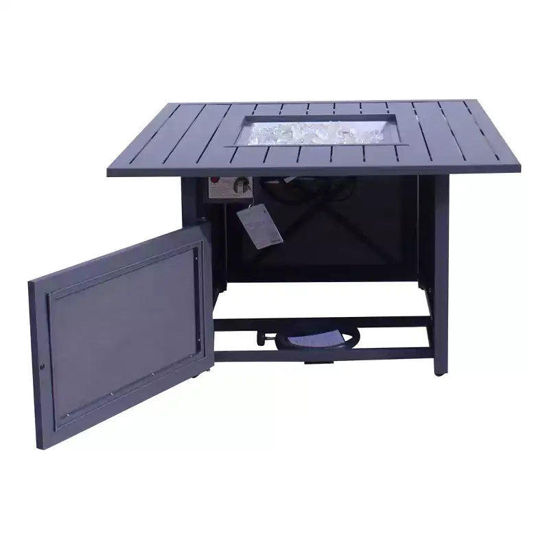 Courtyard Casual Santa Fe 5 pc Square Fire Pit Set with Wicker Swivel Rockers Includes One Square Fire Pit and Four Swivel Rockers with Wicker Seats