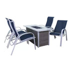 Courtyard Casual Santa Fe 5 pc Rectangle Fire Pit Set with Sling Reclining Chairs Includes One Rectangle Fire Pit and Four Sling Reclining Chairs