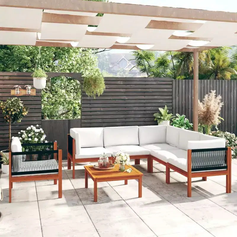 vidaXL 7 Piece Solid Acacia Wood Patio Lounge Set with Cream Cushions - Rustic Weather-Resistant Garden Furniture Set with Table, Sofas, Armchair.