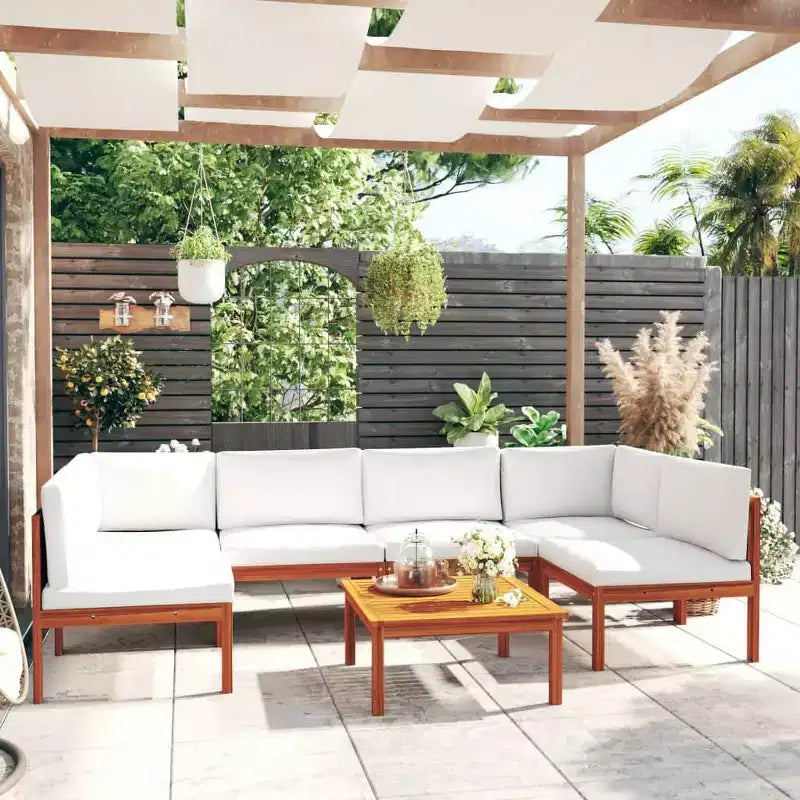 vidaXL Patio Lounge Set - 7 Pieces with Cream Cushions - Solid Acacia Wood - Includes Corner Sofa, Middle Sofa, Table - Rustic Design