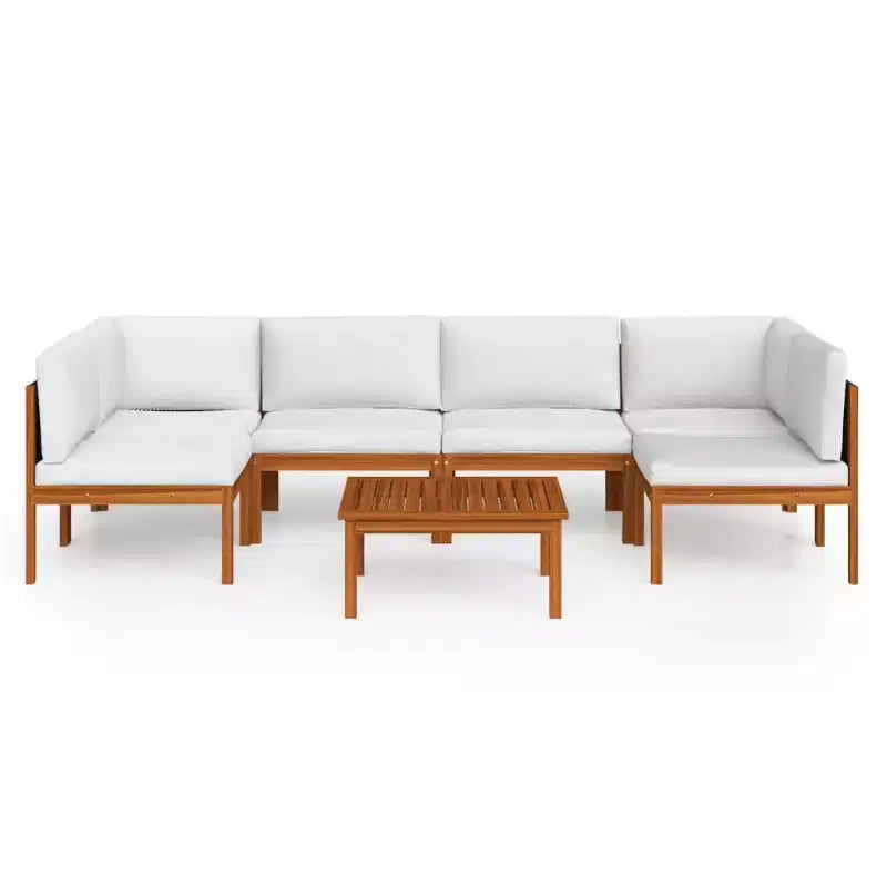 vidaXL Patio Lounge Set - 7 Pieces with Cream Cushions - Solid Acacia Wood - Includes Corner Sofa, Middle Sofa, Table - Rustic Design