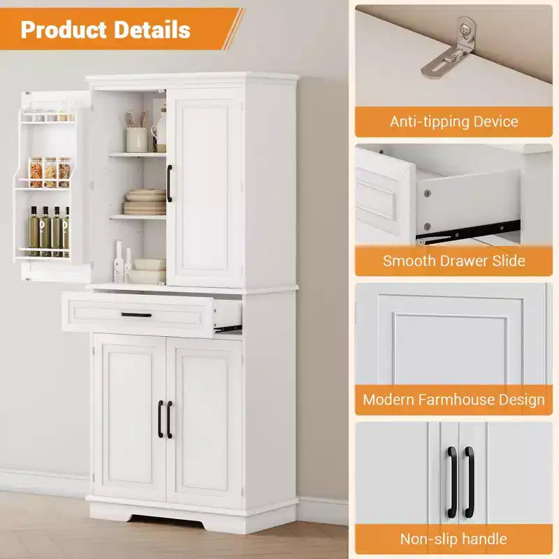 TROPOW 72 Inch Tall Pantry Storage Cabinet, Kitchen Pantry Cabinet with Drawer, Door Shelves, Adjustable Shelves, Large Kitchen Pantry,White