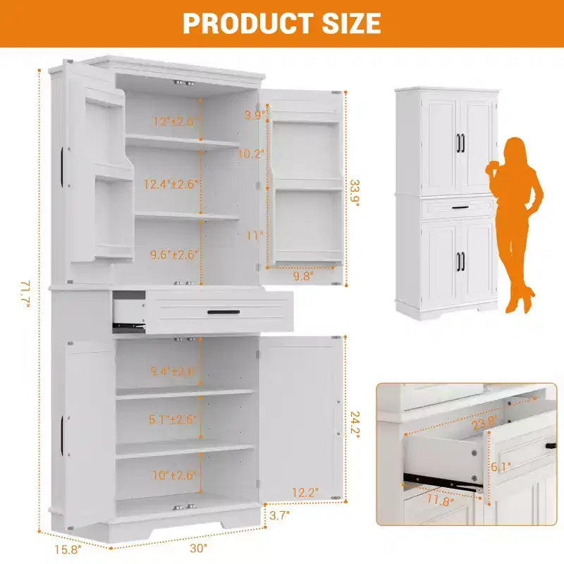 TROPOW 72 Inch Tall Pantry Storage Cabinet, Kitchen Pantry Cabinet with Drawer, Door Shelves, Adjustable Shelves, Large Kitchen Pantry,White