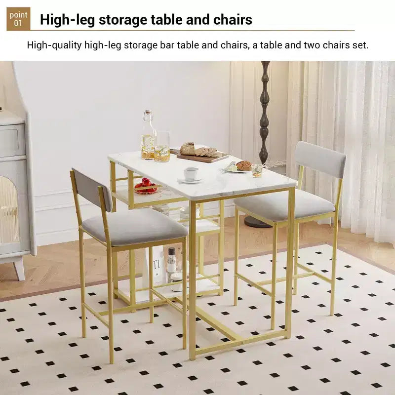 Bar Table Set for 2 with 2 PU Cushion Stools and 3 Storage Shelves, 3 Piece
