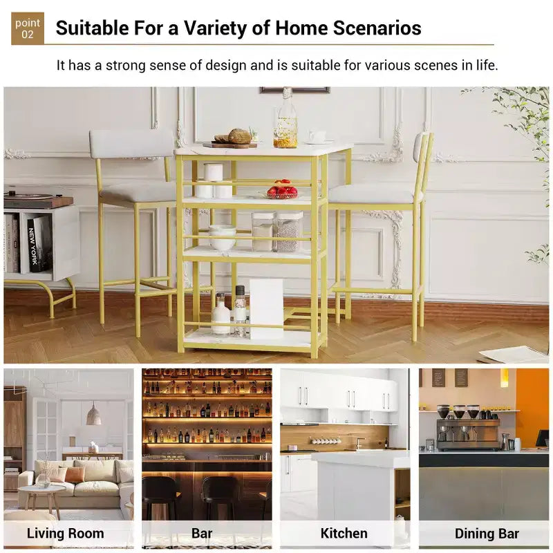 Bar Table Set for 2 with 2 PU Cushion Stools and 3 Storage Shelves, 3 Piece