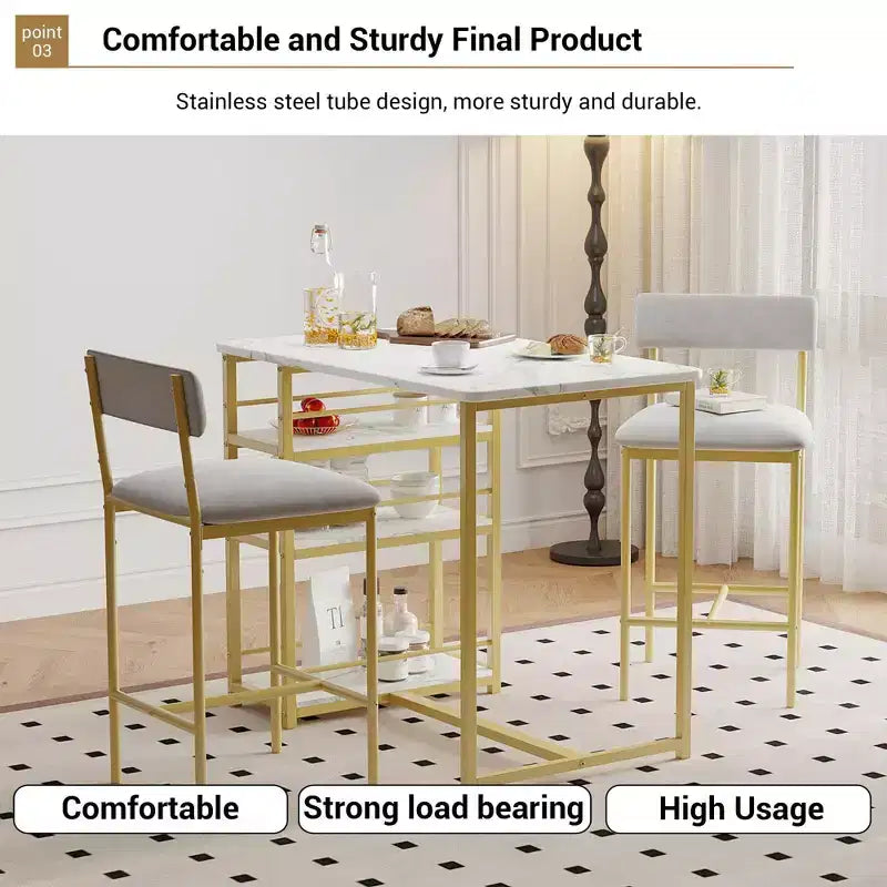 Bar Table Set for 2 with 2 PU Cushion Stools and 3 Storage Shelves, 3 Piece