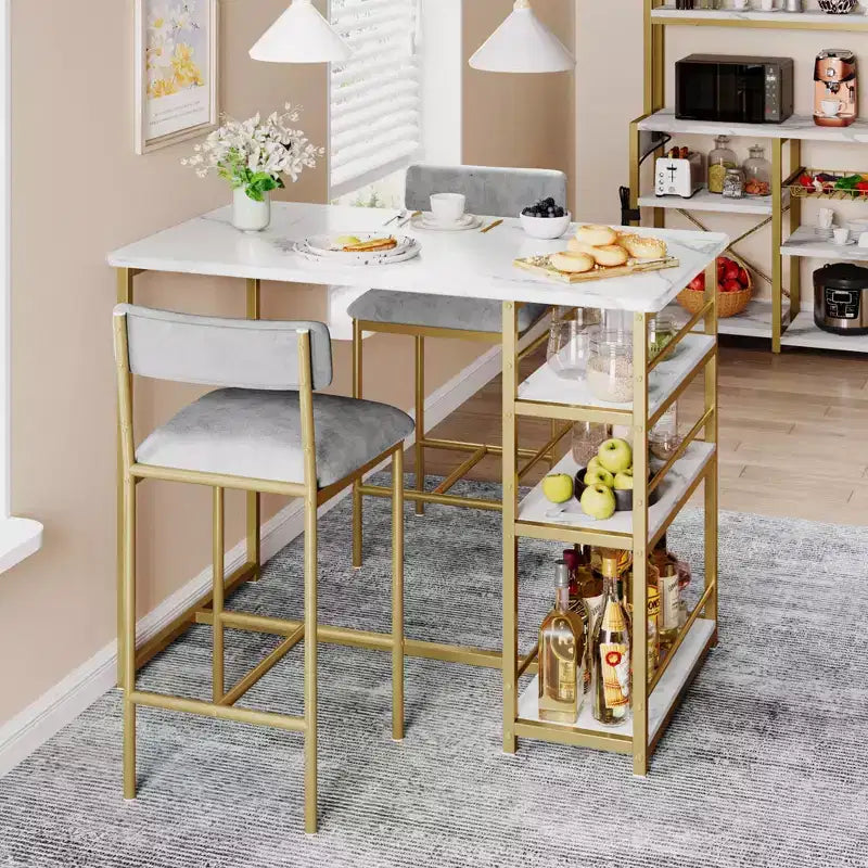 Bar Table Set for 2 with 2 PU Cushion Stools and 3 Storage Shelves, 3 Piece