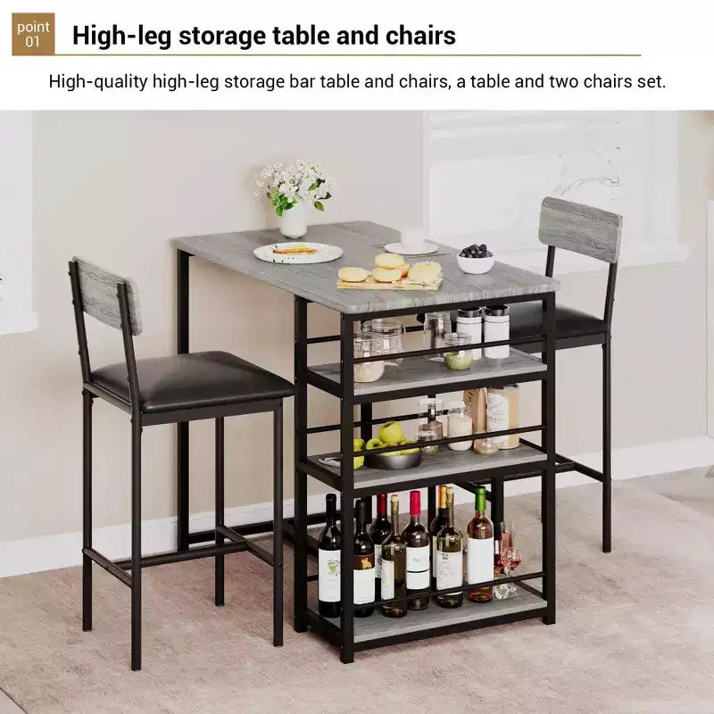 Bar Table Set for 2 with 2 PU Cushion Stools and 3 Storage Shelves, 3 Piece