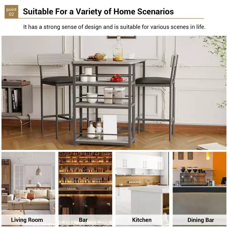 Bar Table Set for 2 with 2 PU Cushion Stools and 3 Storage Shelves, 3 Piece