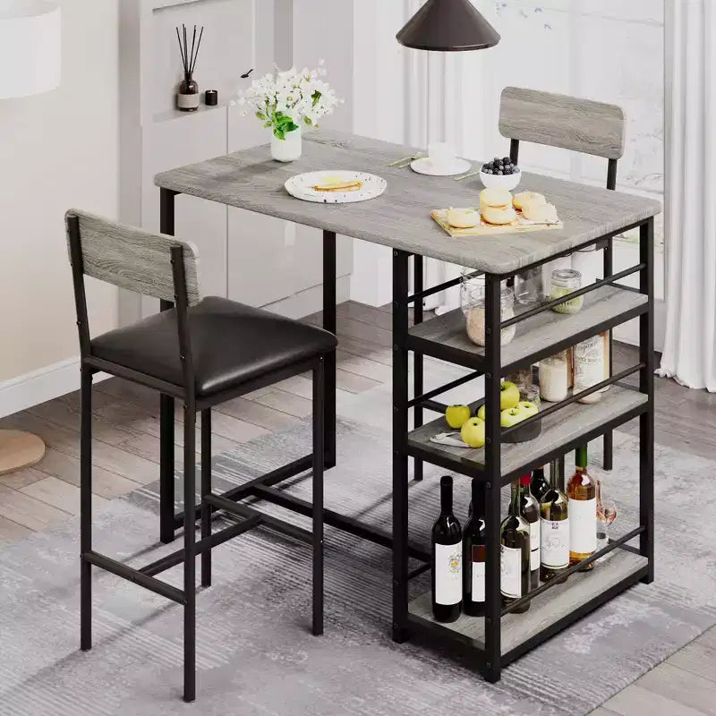 Bar Table Set for 2 with 2 PU Cushion Stools and 3 Storage Shelves, 3 Piece