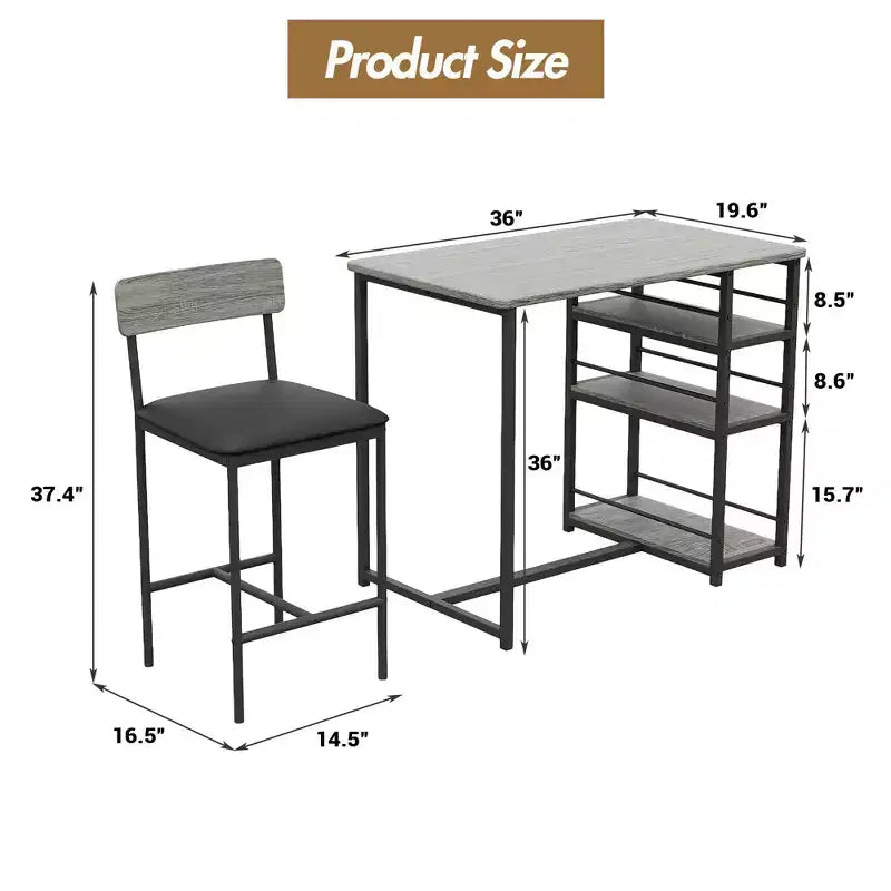 Bar Table Set for 2 with 2 PU Cushion Stools and 3 Storage Shelves, 3 Piece