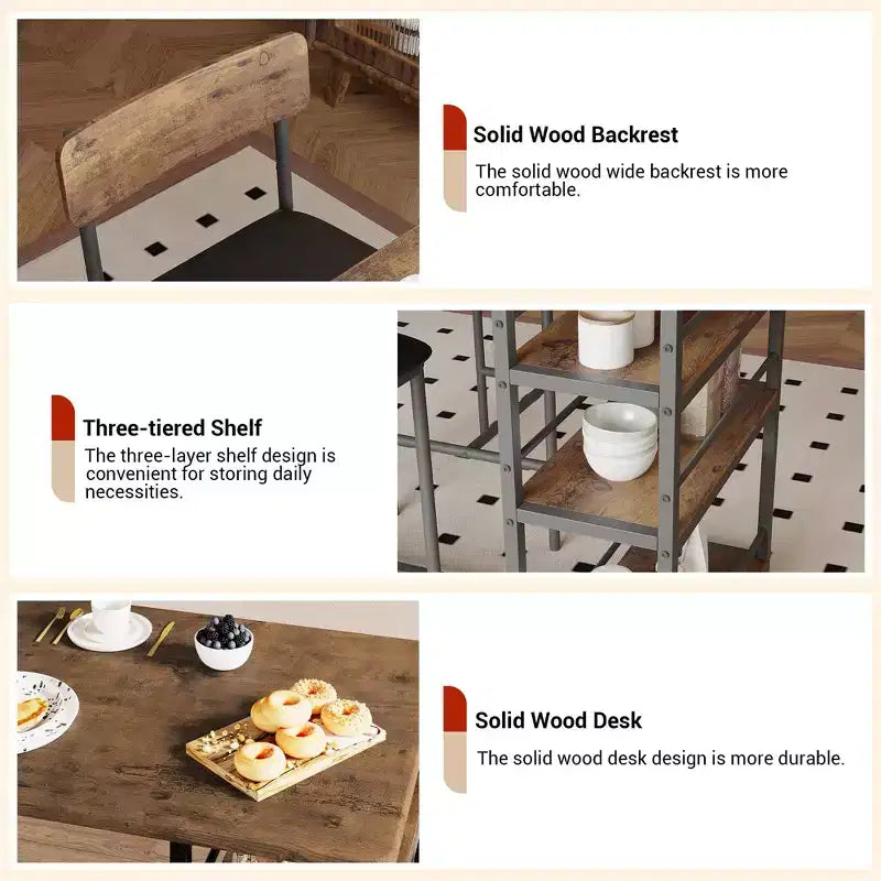 Bar Table Set for 2 with 2 PU Cushion Stools and 3 Storage Shelves, 3 Piece
