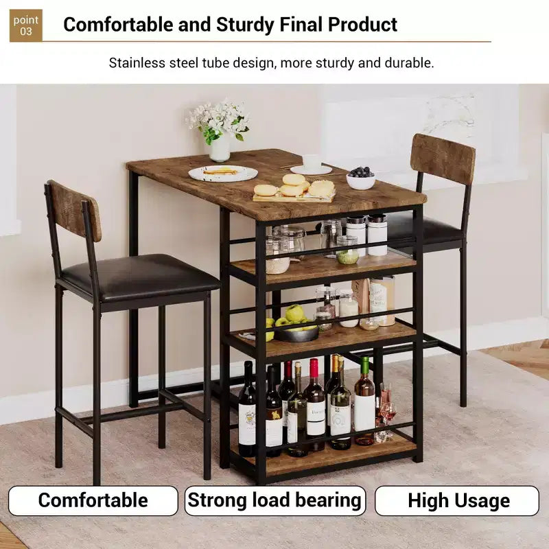 Bar Table Set for 2 with 2 PU Cushion Stools and 3 Storage Shelves, 3 Piece