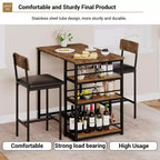 Bar Table Set for 2 with 2 PU Cushion Stools and 3 Storage Shelves, 3 Piece