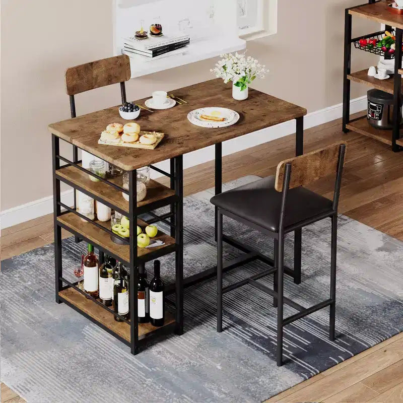 Bar Table Set for 2 with 2 PU Cushion Stools and 3 Storage Shelves, 3 Piece