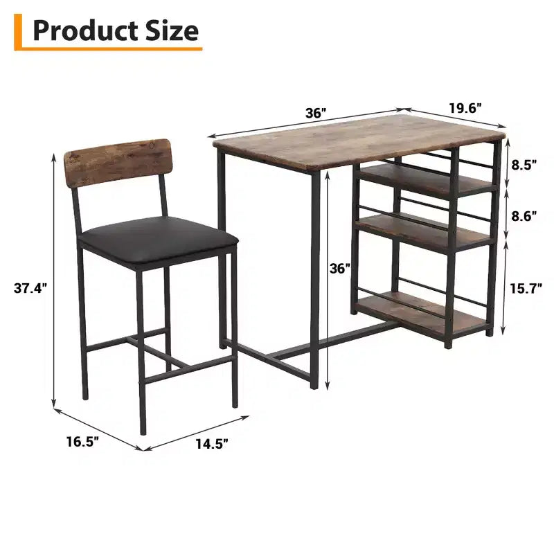 Bar Table Set for 2 with 2 PU Cushion Stools and 3 Storage Shelves, 3 Piece