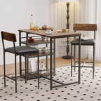 Bar Table Set for 2 with 2 PU Cushion Stools and 3 Storage Shelves, 3 Piece